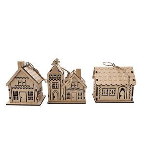 Wooden Christmas House Ornaments Set of 3 Scandinavian Gingerbread Style